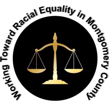 Graphic of "Scales of Law" (balance measure) with the text "Working Toward Racial Equality in Montgomery County"