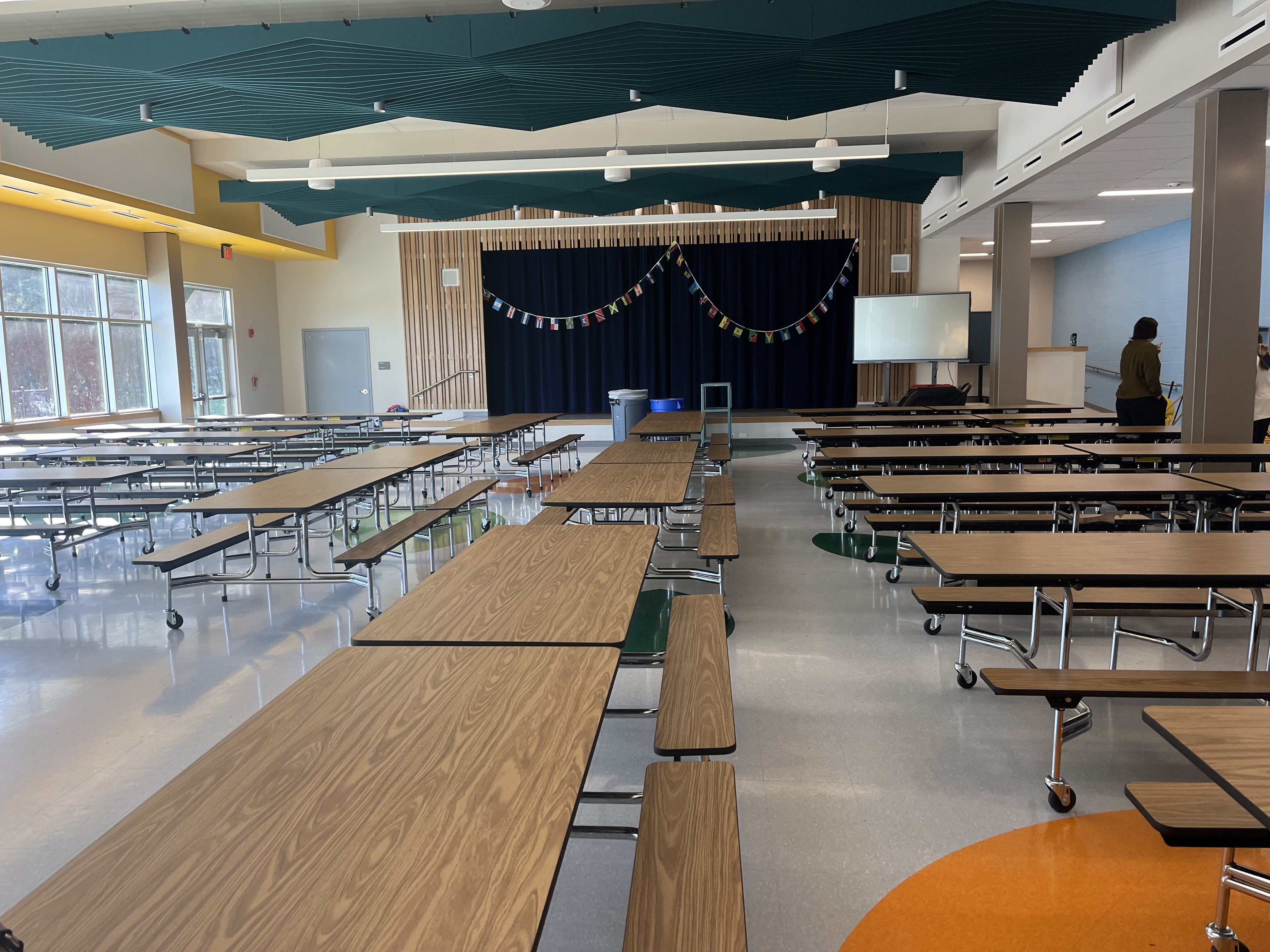 The cafeteria/all-purpose room has been enlarged to accommodate all 800 students for school-wide events.